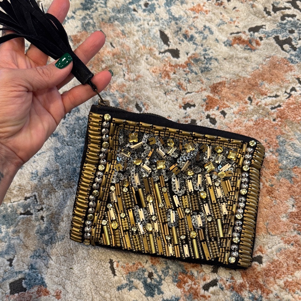 Elegant Black and Gold and silver boho beaded clutch with black tassel zipper